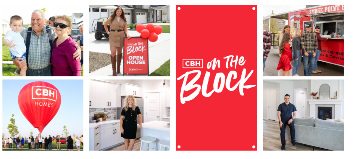 CBH Homes event with open house, hot air balloon, food truck, families, and home interiors.